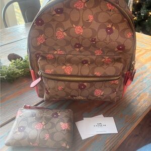 Coach Brown and Pink Floral Backpack with Wallet
